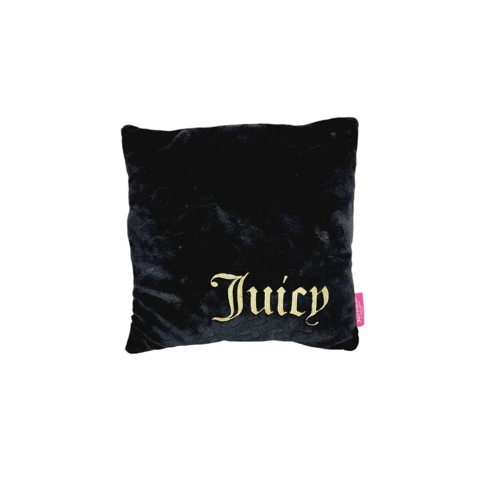 VTG Y2K Juicy Couture Black Velour Velvet Metallic Gold Embroidered Toss Pillow